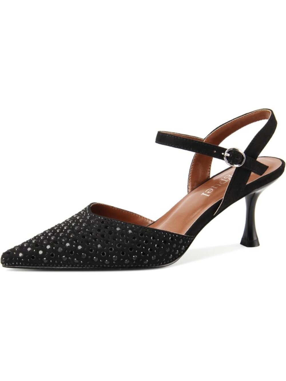 Women's Black Faux Suede Rhinestone Ankle Strap Closed Toe Kitten Heels Pumps